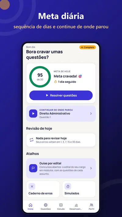 Início com meta diária e sequência de estudos